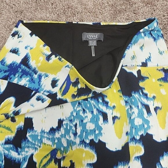 Lysse Charity Pencil Skirt Navy Yellow Abstract Floral Elastic Waist Medium - Picture 3 of 6